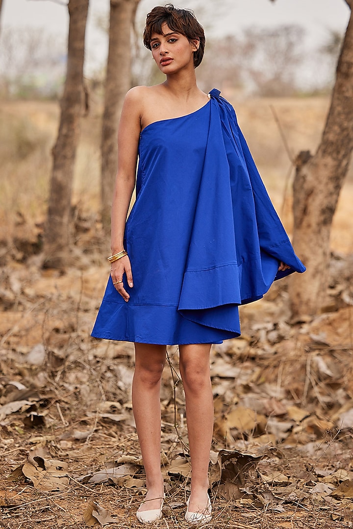 Electric Blue Poplin One-Shoulder Mini Dress by Khara Kapas