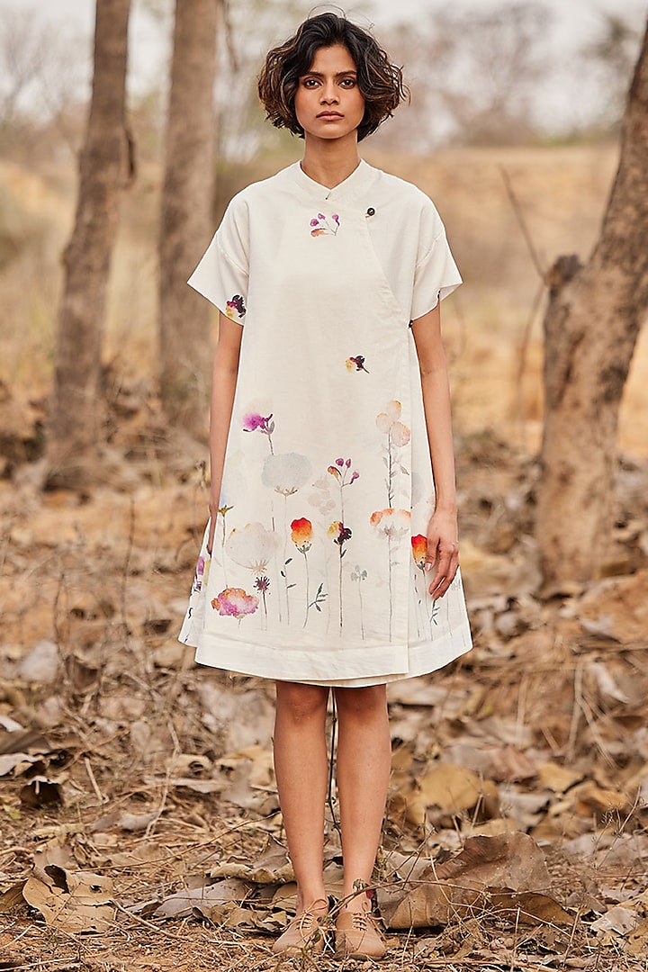Off-White Cotton Mul Printed Dress by Khara Kapas