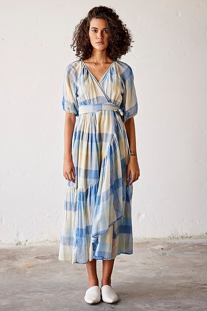 Blue Cotton Printed Knotted Wrap Summer Dress by Khara Kapas at Pernia's Pop Up Shop