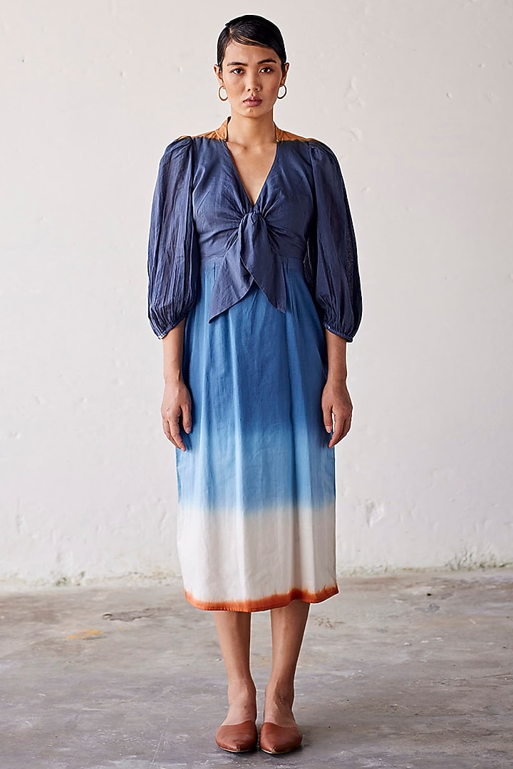 Blue Ombre Mul Cotton Printed Summer Dress by Khara Kapas at Pernia's Pop Up Shop