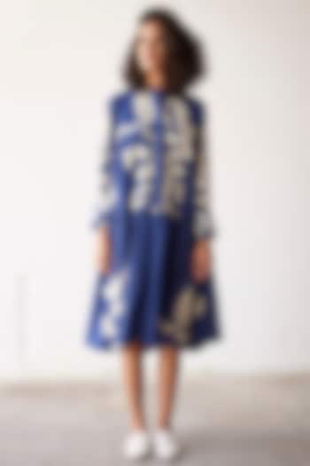 Navy Blue Mul Cotton Printed Handcrafted Dress by Khara Kapas