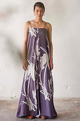 Grey Mul Cotton Printed Handcrafted Jumpsuit by Khara Kapas