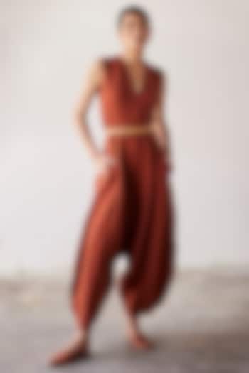 Brick Red Linen Handcrafted Jumpsuit by Khara Kapas