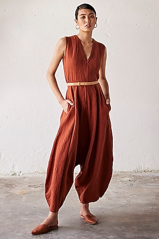 Brick Red Linen Handcrafted Jumpsuit by Khara Kapas