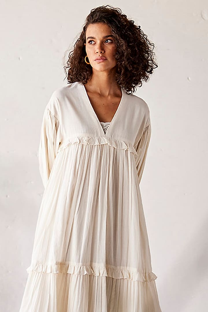 Off-White Mul Cotton Handcrafted Midi Summer Dress by Khara Kapas at Pernia's Pop Up Shop