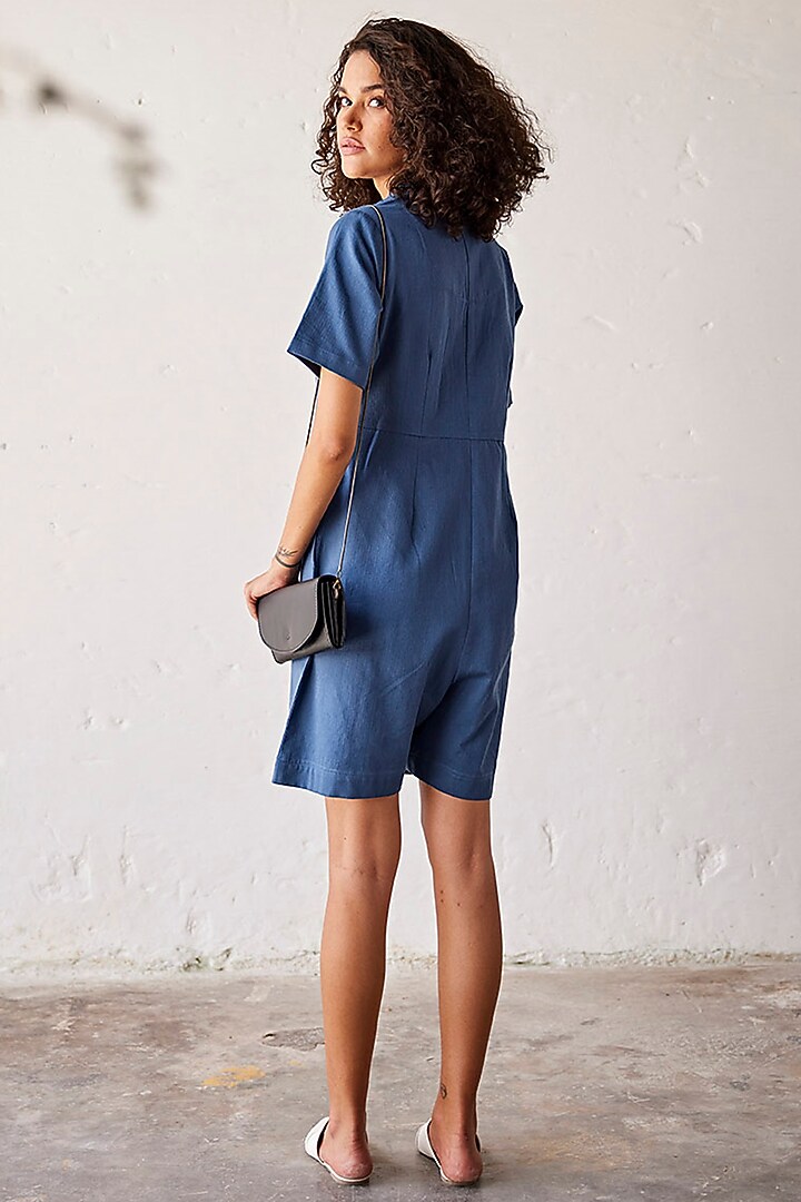 Yale Blue Cotton Herringbone Handcrafted Jumpsuit by Khara Kapas at Pernia's Pop Up Shop