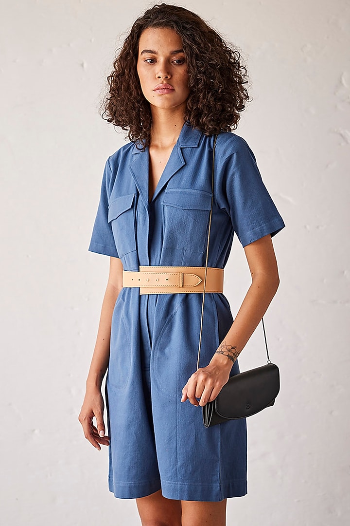 Yale Blue Cotton Herringbone Handcrafted Jumpsuit by Khara Kapas at Pernia's Pop Up Shop
