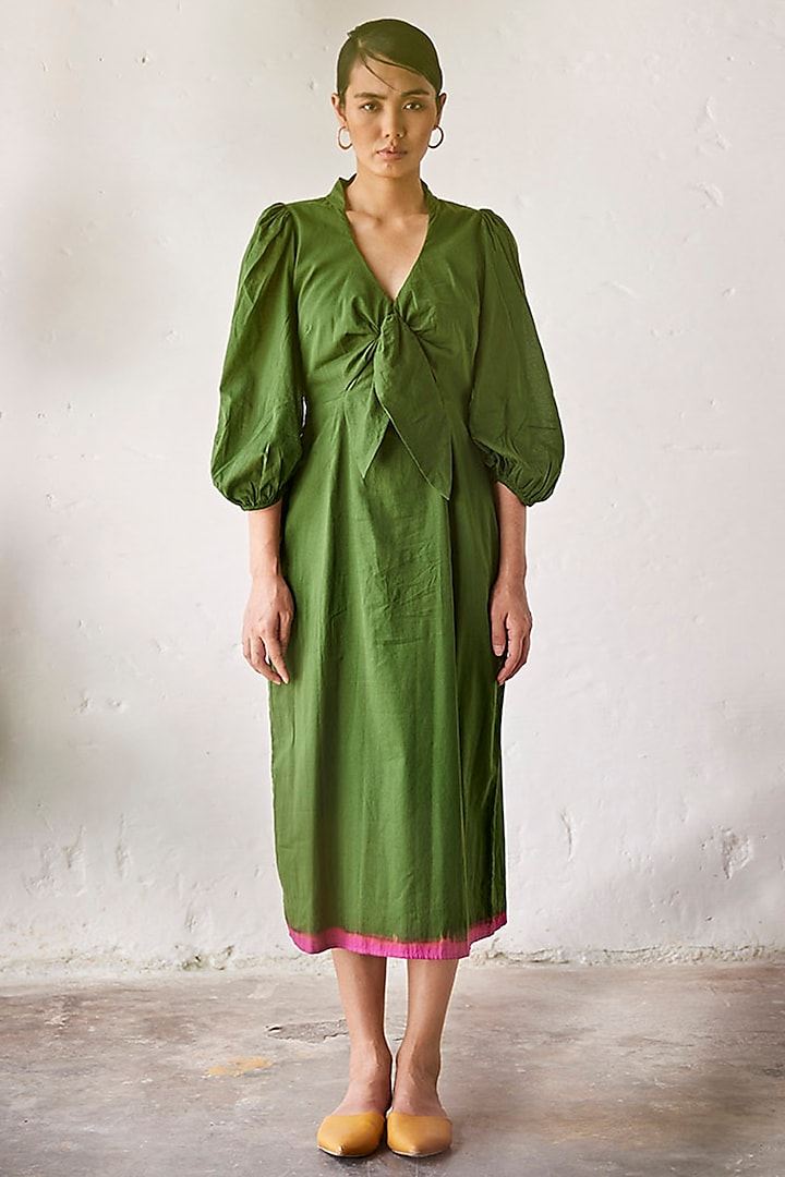 Dark Green Mul Cotton Handcrafted Dress by Khara Kapas