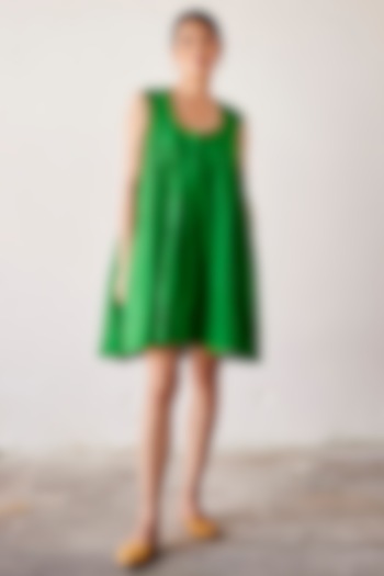 Forest Green Cotton Poplin Handcrafted Flared Dress by Khara Kapas