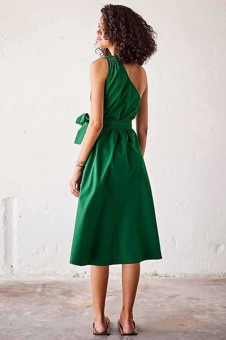 Dark Green Cotton Poplin Handcrafted One-Shoulder Summer Dress by Khara Kapas at Pernia's Pop Up Shop
