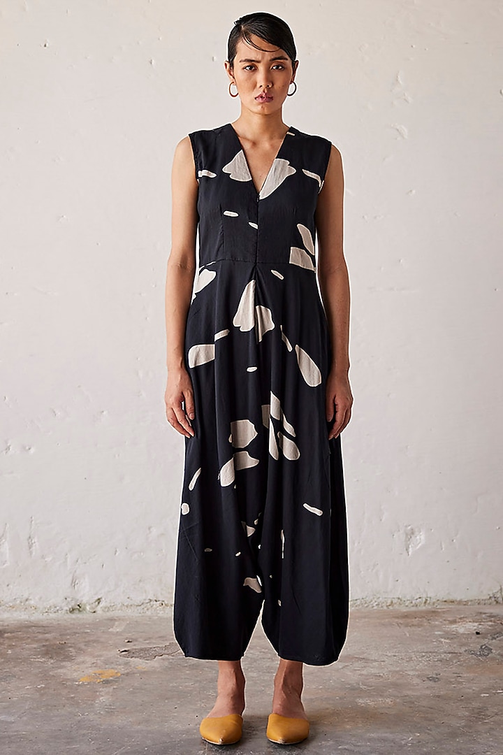 Black Mul Cotton Printed Handcrafted Jumpsuit by Khara Kapas