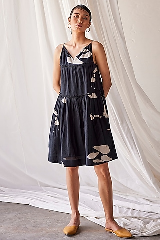 Black Mul Cotton Handcrafted Tiered Dress by Khara Kapas