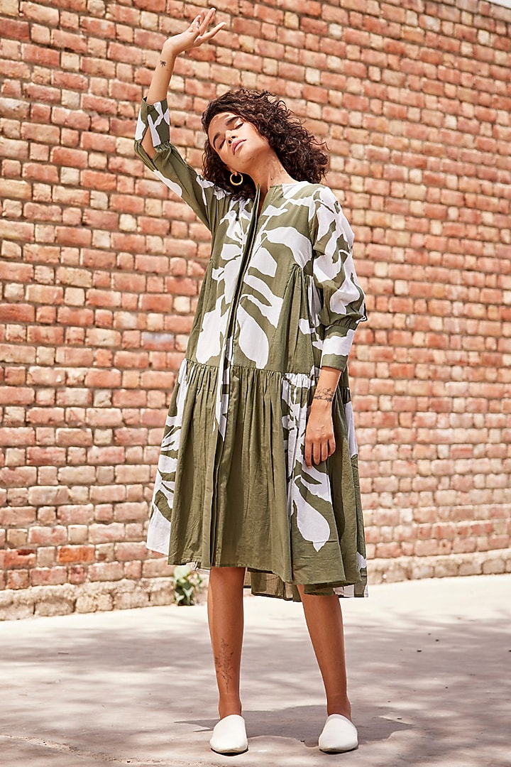 Olive Green Mul Cotton Printed Handcrafted Dress by Khara Kapas