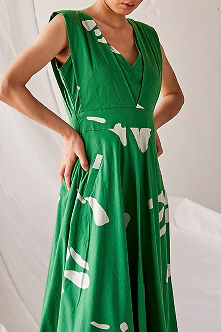Forest Green Mul Cotton Printed Handcrafted Summer Dress by Khara Kapas at Pernia's Pop Up Shop
