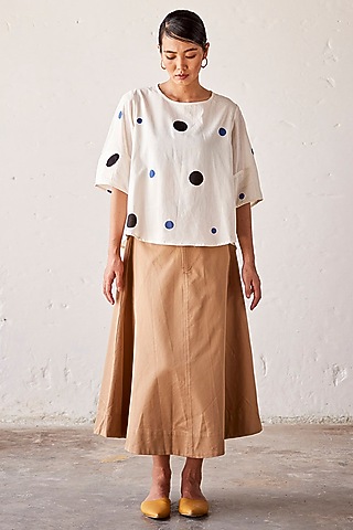 Off-White Mul Cotton Polka Printed Handcrafted Top by Khara Kapas