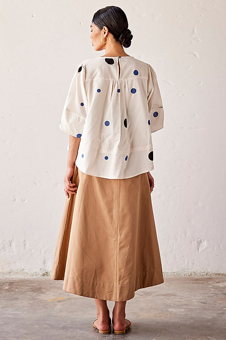 Off-White Mul Cotton Polka Printed Handcrafted Top by Khara Kapas at Pernia's Pop Up Shop
