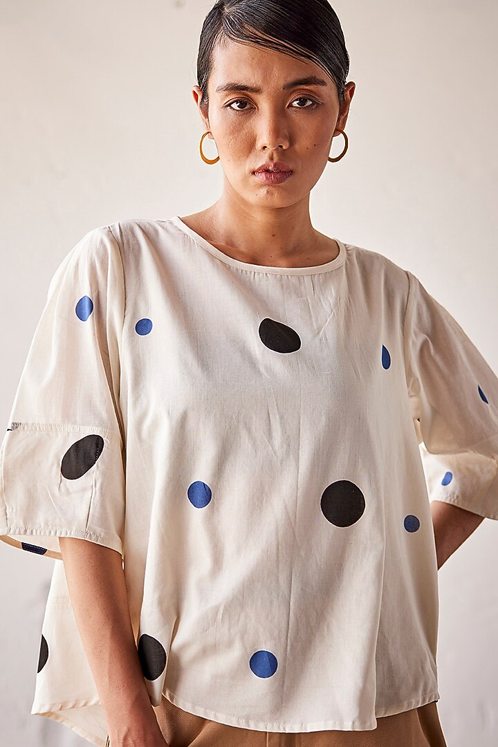 Off-White Mul Cotton Polka Printed Handcrafted Top by Khara Kapas at Pernia's Pop Up Shop