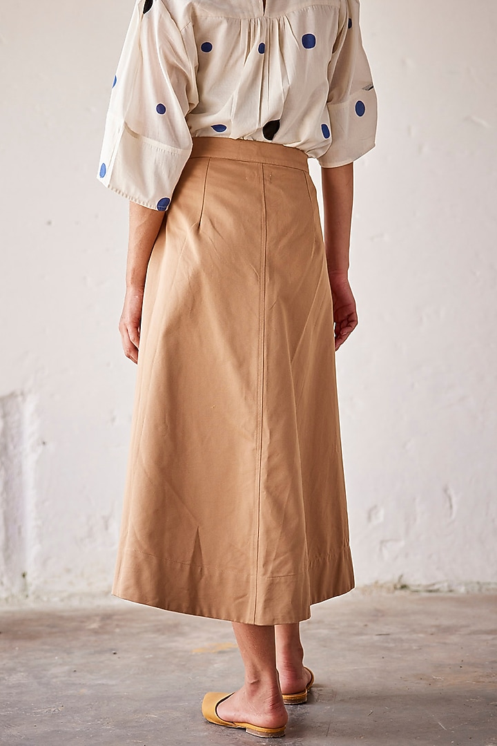Khaki Heavy Weight Twill Midi Skirt by Khara Kapas at Pernia's Pop Up Shop