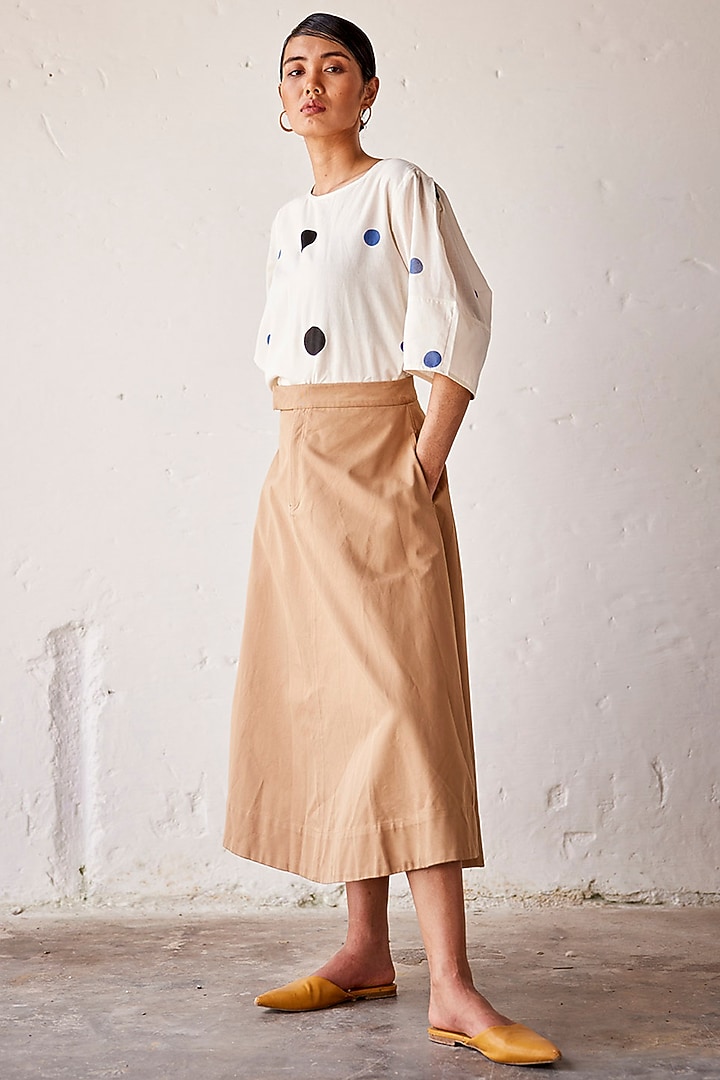 Khaki Heavy Weight Twill Midi Skirt by Khara Kapas at Pernia's Pop Up Shop