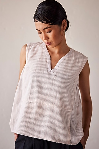 Off-White Dobby Cotton Striped Blouse by Khara Kapas