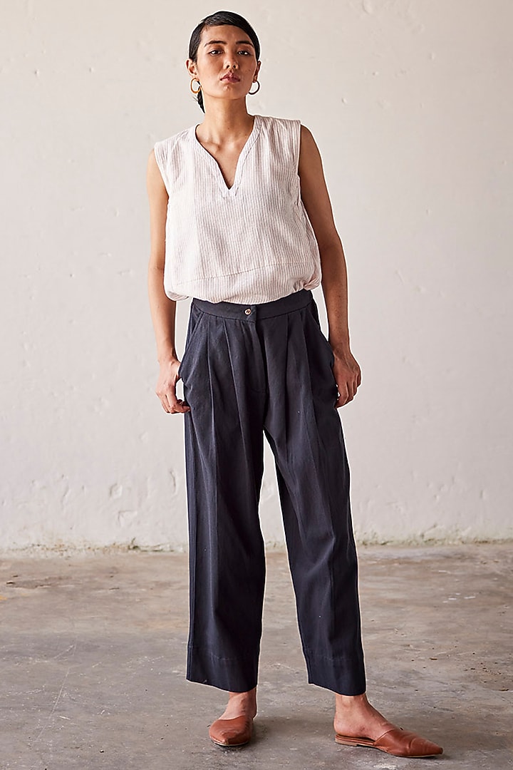 Off-White Dobby Cotton Striped Blouse by Khara Kapas at Pernia's Pop Up Shop