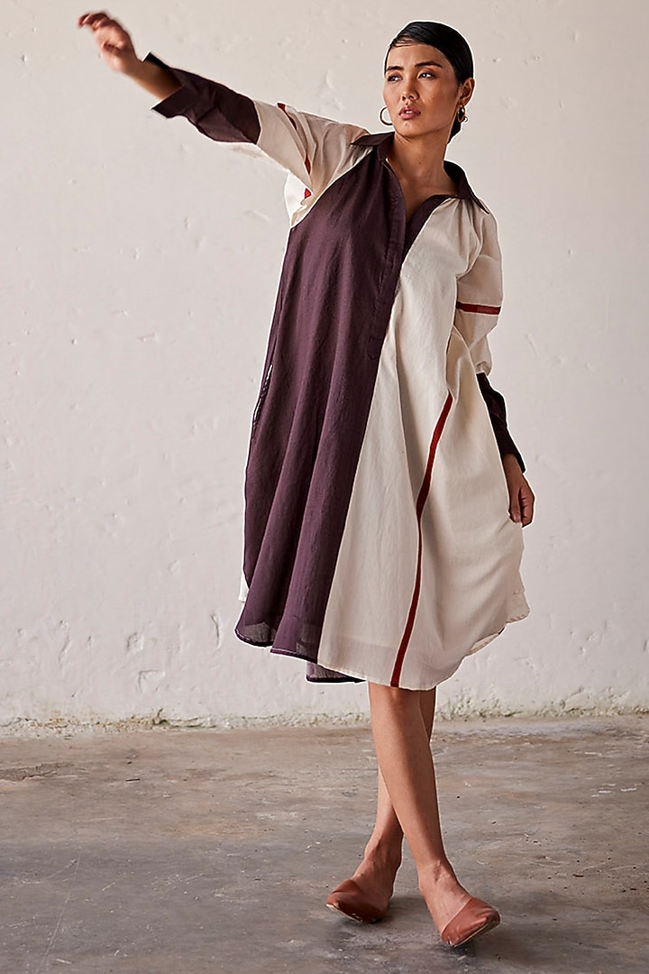 Off-White & Grey Mul Cotton Summer Shirt Dress by Khara Kapas at Pernia's Pop Up Shop