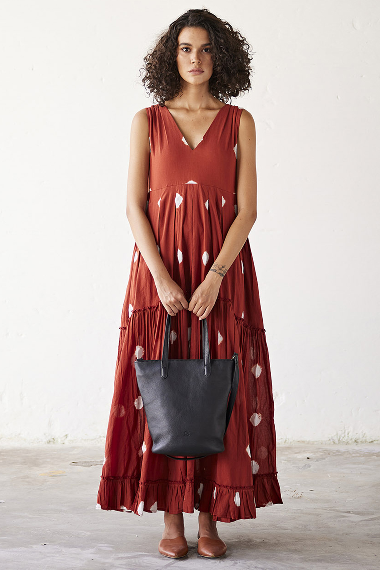Brick Red Mul Cotton Printed Tiered Maxi Dress