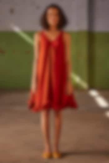 Brick Red Linen Flared Dress by Khara Kapas