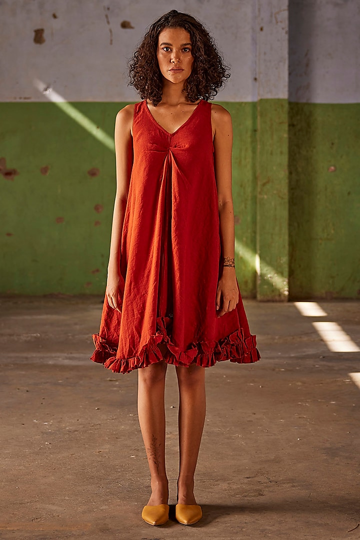 Brick Red Linen Flared Dress by Khara Kapas
