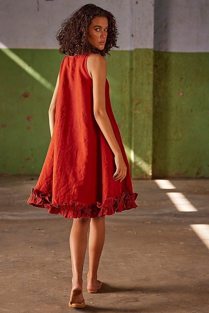 Brick Red Linen Flared Summer Dress by Khara Kapas at Pernia's Pop Up Shop