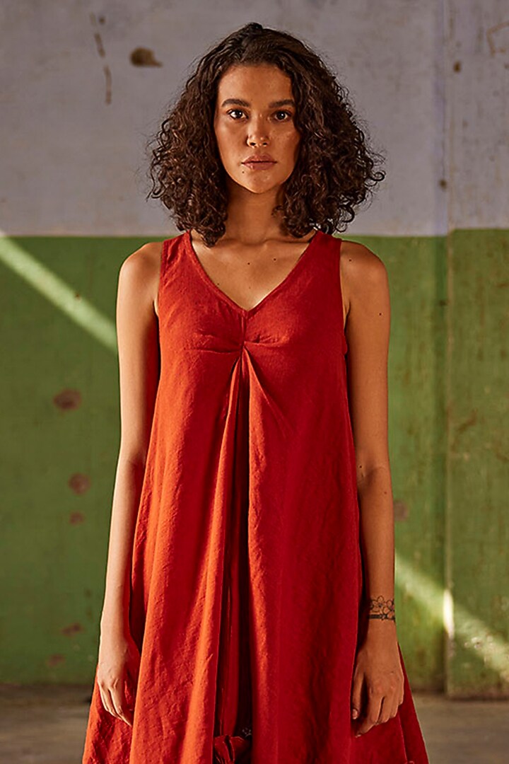 Brick Red Linen Flared Summer Dress by Khara Kapas at Pernia's Pop Up Shop
