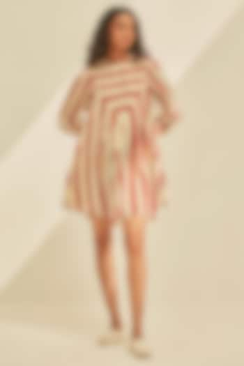 Off-White & Red Cotton Mul Stripes Printed Mini Dress by Khara Kapas at Pernia's Pop Up Shop