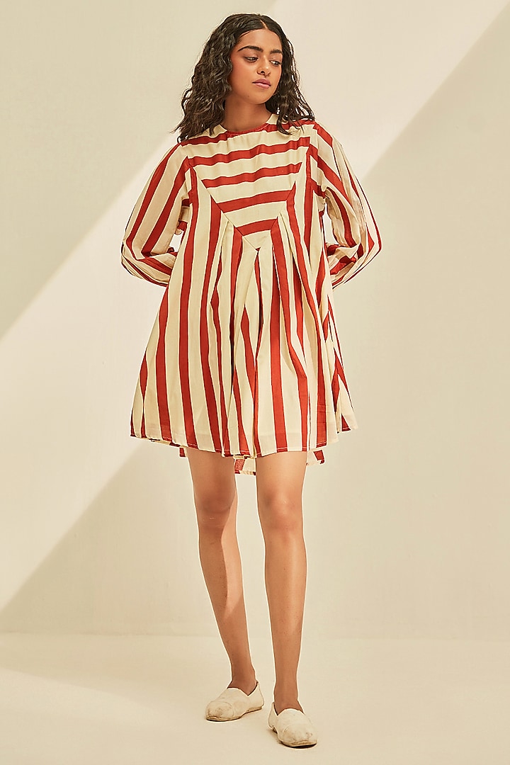 Off-White & Red Cotton Mul Stripes Printed Mini Dress by Khara Kapas at Pernia's Pop Up Shop