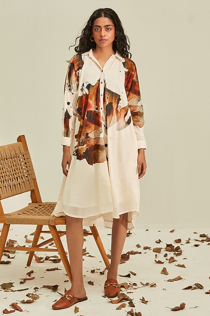 Off-White Cotton Mul Floral Printed Knee-Length Summer Shirt Dress by Khara Kapas at Pernia's Pop Up Shop