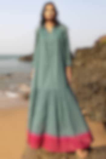 Teal Blue & Magenta Cotton Maxi Dress by Khara Kapas