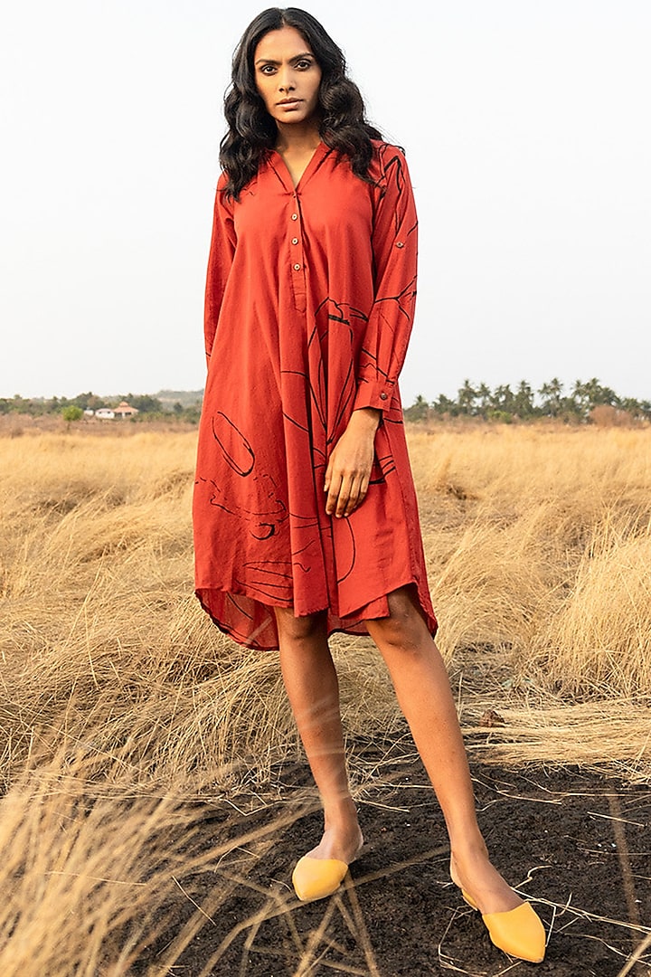 Bright Red Cotton Dress by Khara Kapas