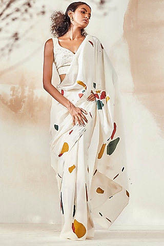 White Printed Saree Set by Khara Kapas