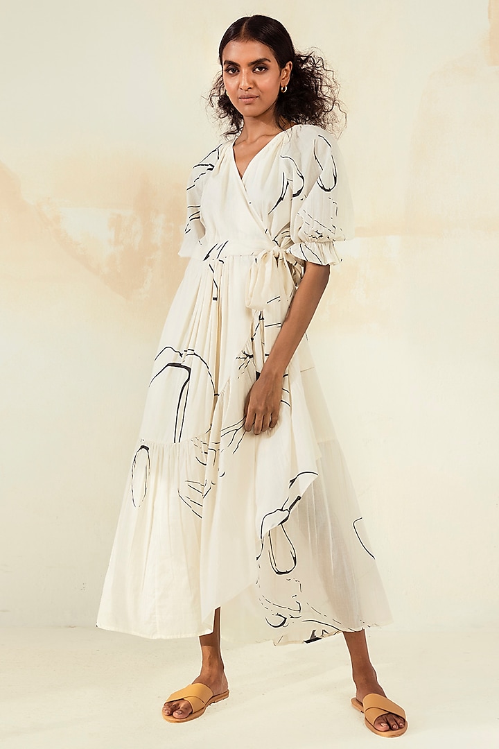 White Cotton Printed Dress by Khara Kapas