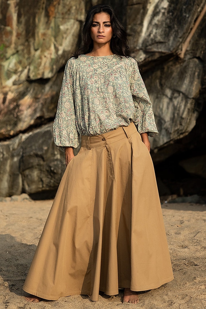 Khaki Cotton Poplin Flared Skirt by Khara Kapas