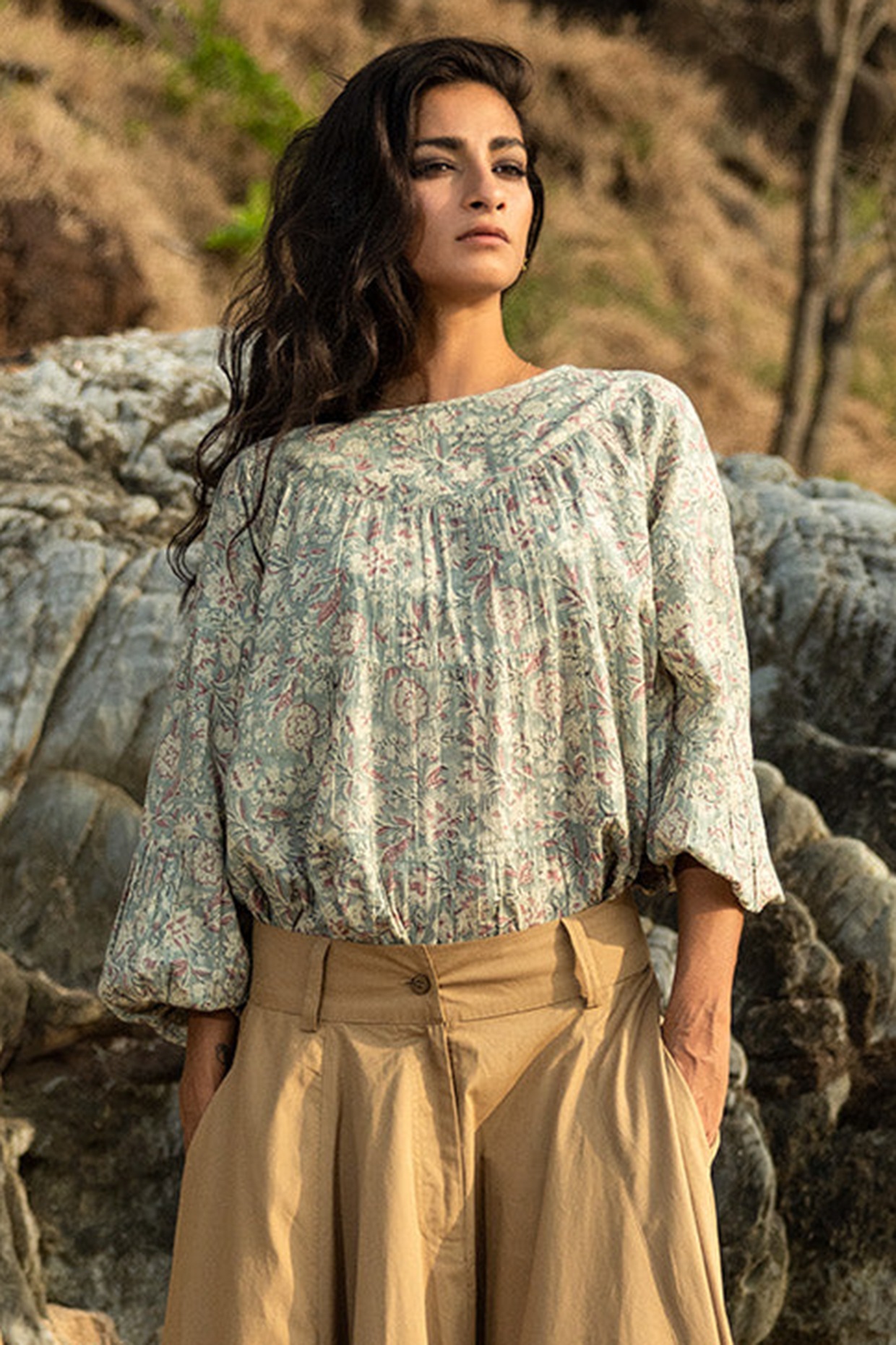Khaki Cotton Poplin Flared Skirt by Khara Kapas at Pernia s Pop Up Shop 2024