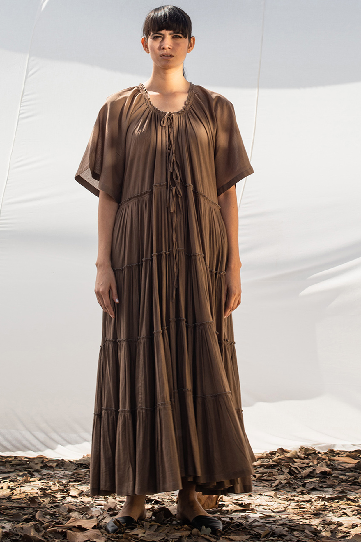 Brown Tiered Maxi Dress With Bell Sleeves by Khara Kapas at Pernia s Pop Up Shop 2024