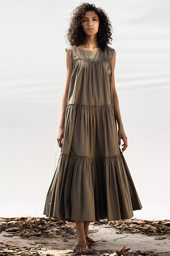 Olive Green Tiered Summer Dress With Smocking by Khara Kapas at Pernia's Pop Up Shop