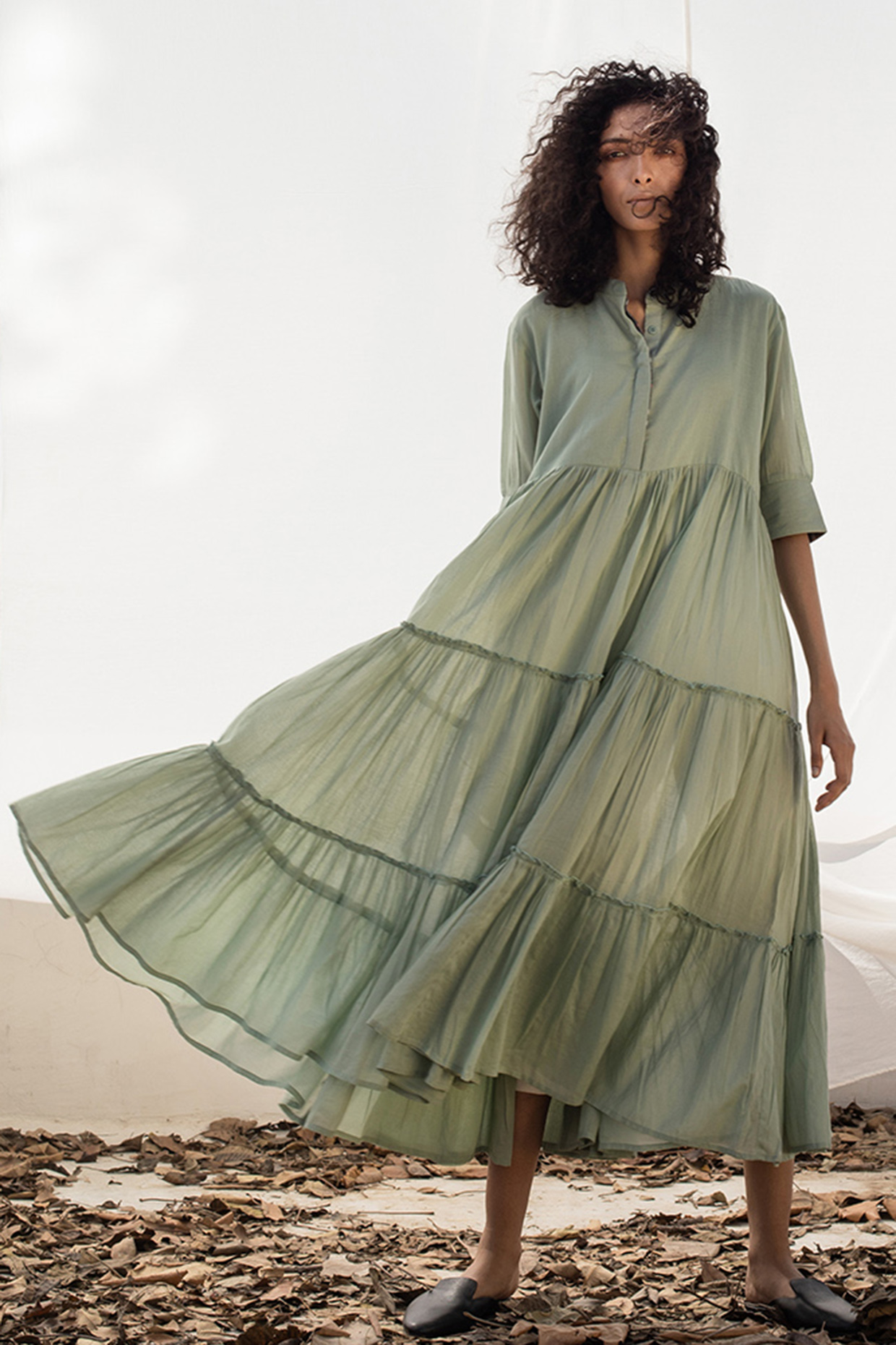 Mandarin collar midi dress 2025