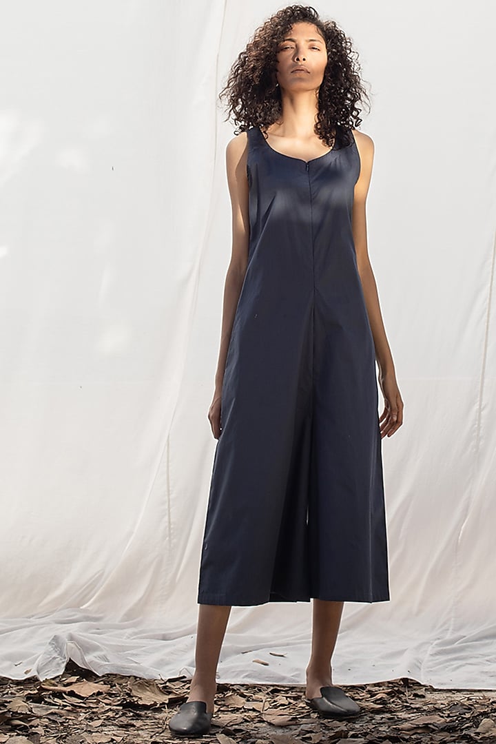 Navy Blue Playsuit With Side Pockets by Khara Kapas