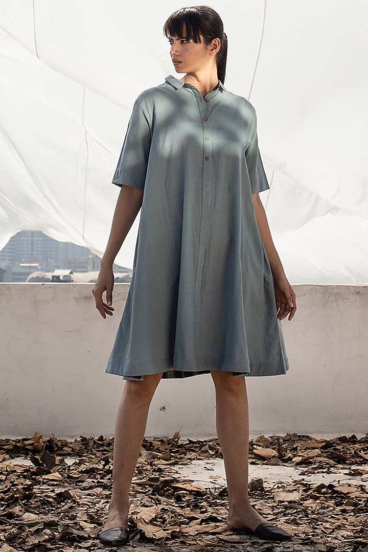 Powder Blue Midi Dress With Shirt Collar by Khara Kapas