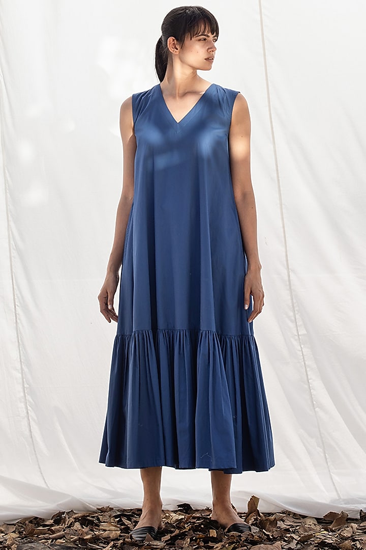 Electric Blue A-Line Dress With Gathers by Khara Kapas