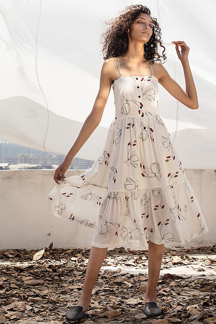 Ivory Fit & Flare Dress With Floral Print by Khara Kapas