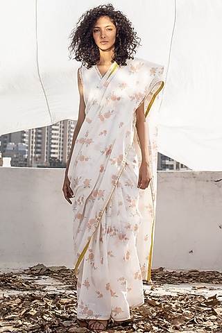 Ivory Cotton Screen Printed Saree by Khara Kapas