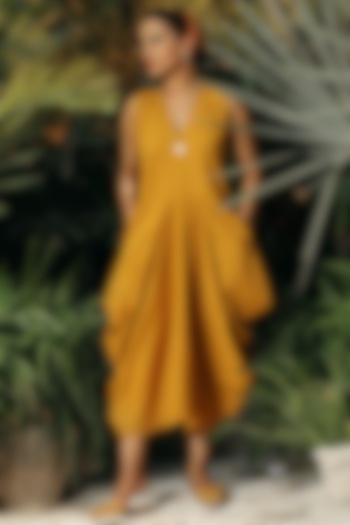 Ochre Side Cowl Dress by Khara Kapas at Pernia's Pop Up Shop