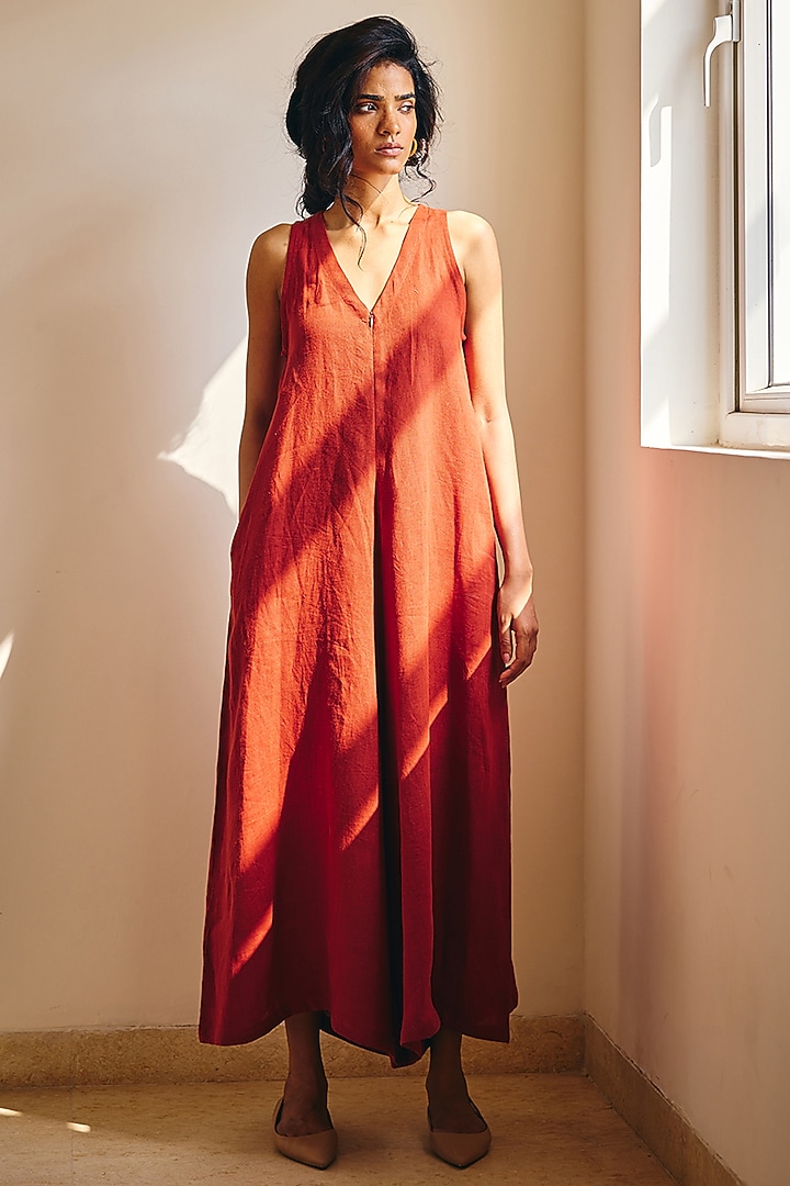 Brick Red Linen Jumpsuit by Khara Kapas at Pernia's Pop Up Shop